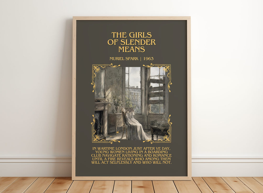 The Girls of Slender Means Minimalist Book Poster by Muriel Spark – framed print leaning on a wooden floor