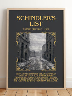Schindler's List Minimalist Book Poster by Thomas Keneally – framed print leaning on a wooden floor