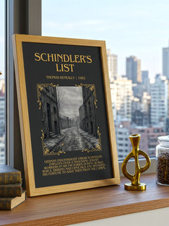 Schindler's List Minimalist Book Poster by Thomas Keneally – framed print on a city-view windowsill