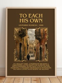 To Each His Own Minimalist Book Poster by Leonardo Sciascia – framed print leaning on a wooden floor
