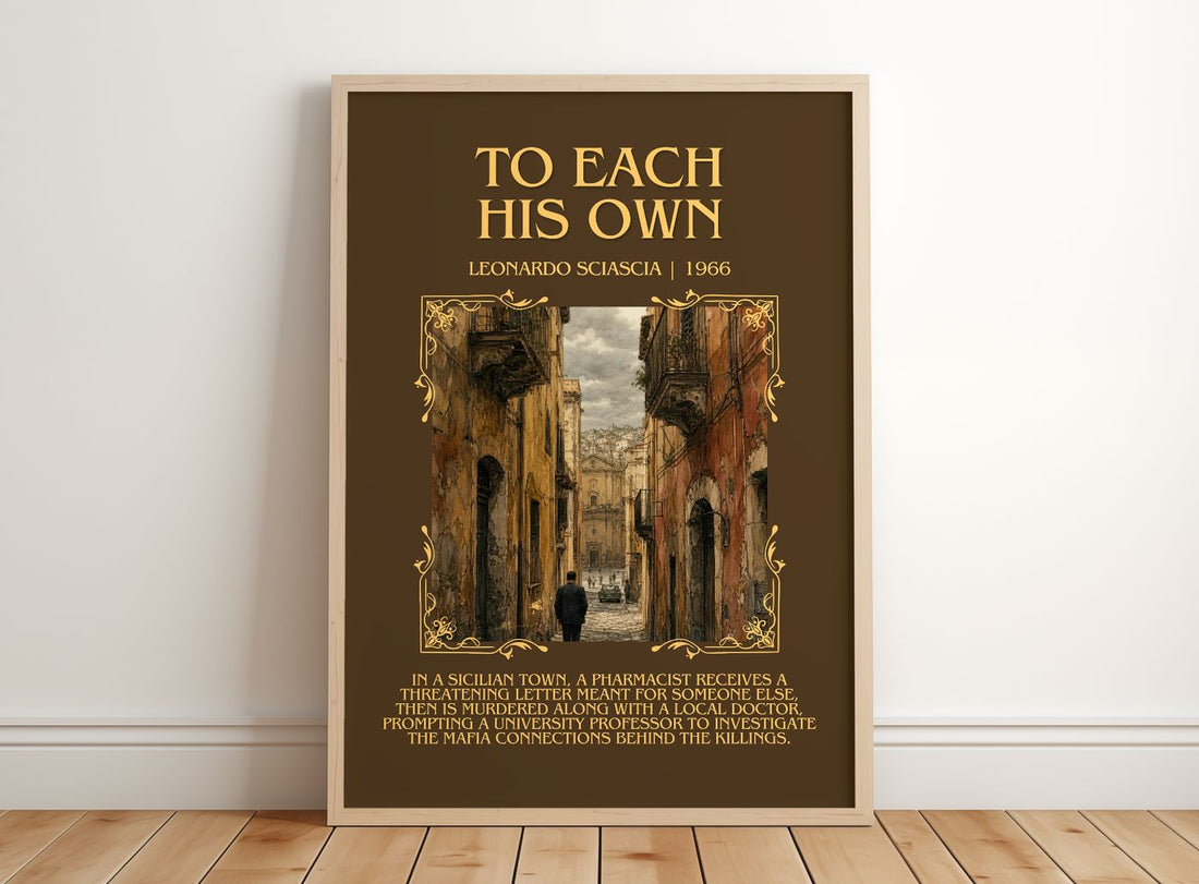 To Each His Own Minimalist Book Poster by Leonardo Sciascia – framed print leaning on a wooden floor