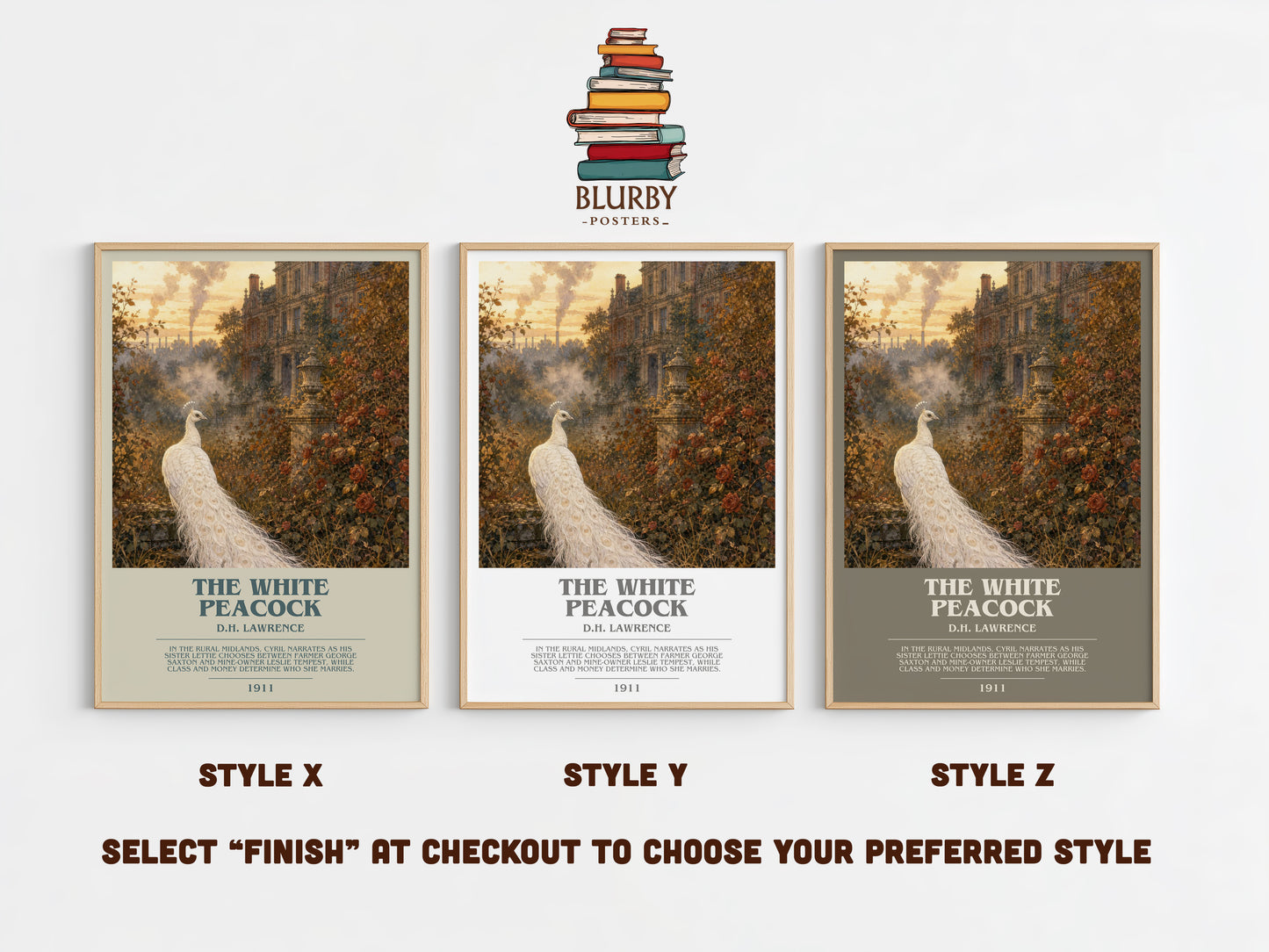 The White Peacock bookish print in frame leaning in hallway – literary fiction wall art