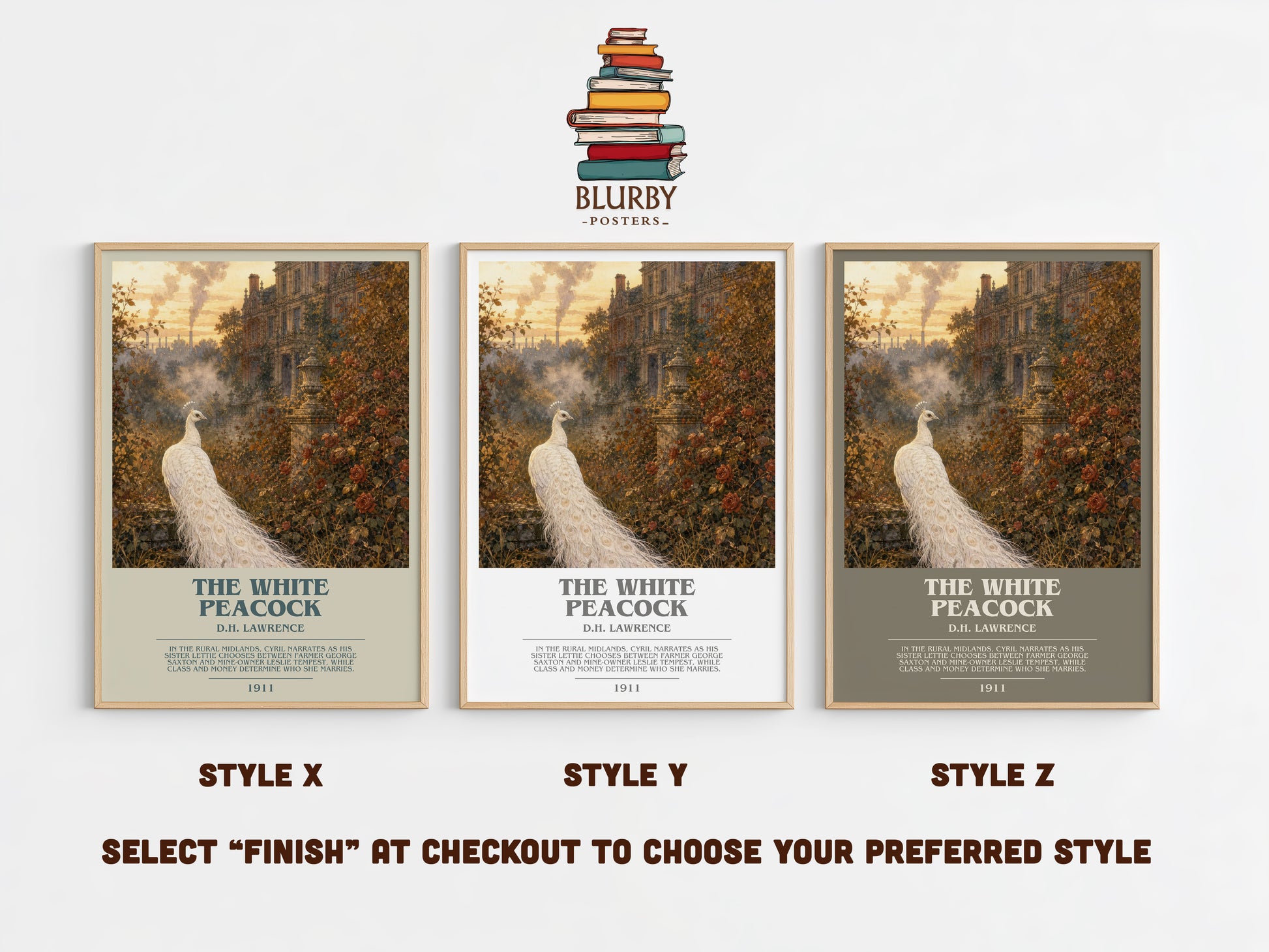 The White Peacock bookish print in frame leaning in hallway – literary fiction wall art