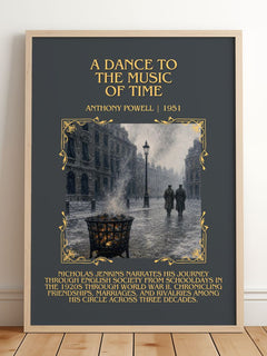 A Dance to the Music of Time Minimalist Book Poster by Anthony Powell – framed print leaning on a wooden floor
