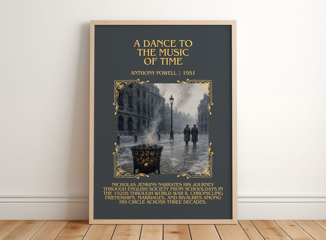 A Dance to the Music of Time Minimalist Book Poster by Anthony Powell – framed print leaning on a wooden floor