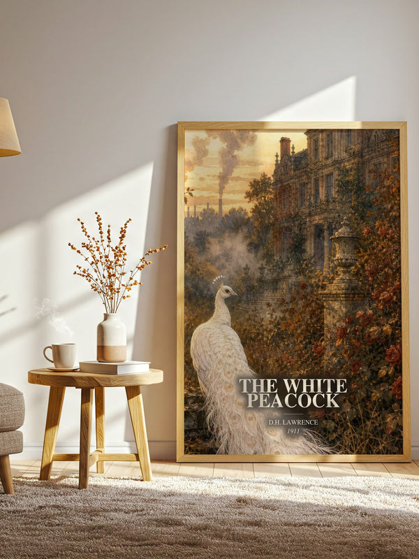 The White Peacock watercolour print in frame leaning in hallway – literary fiction wall art
