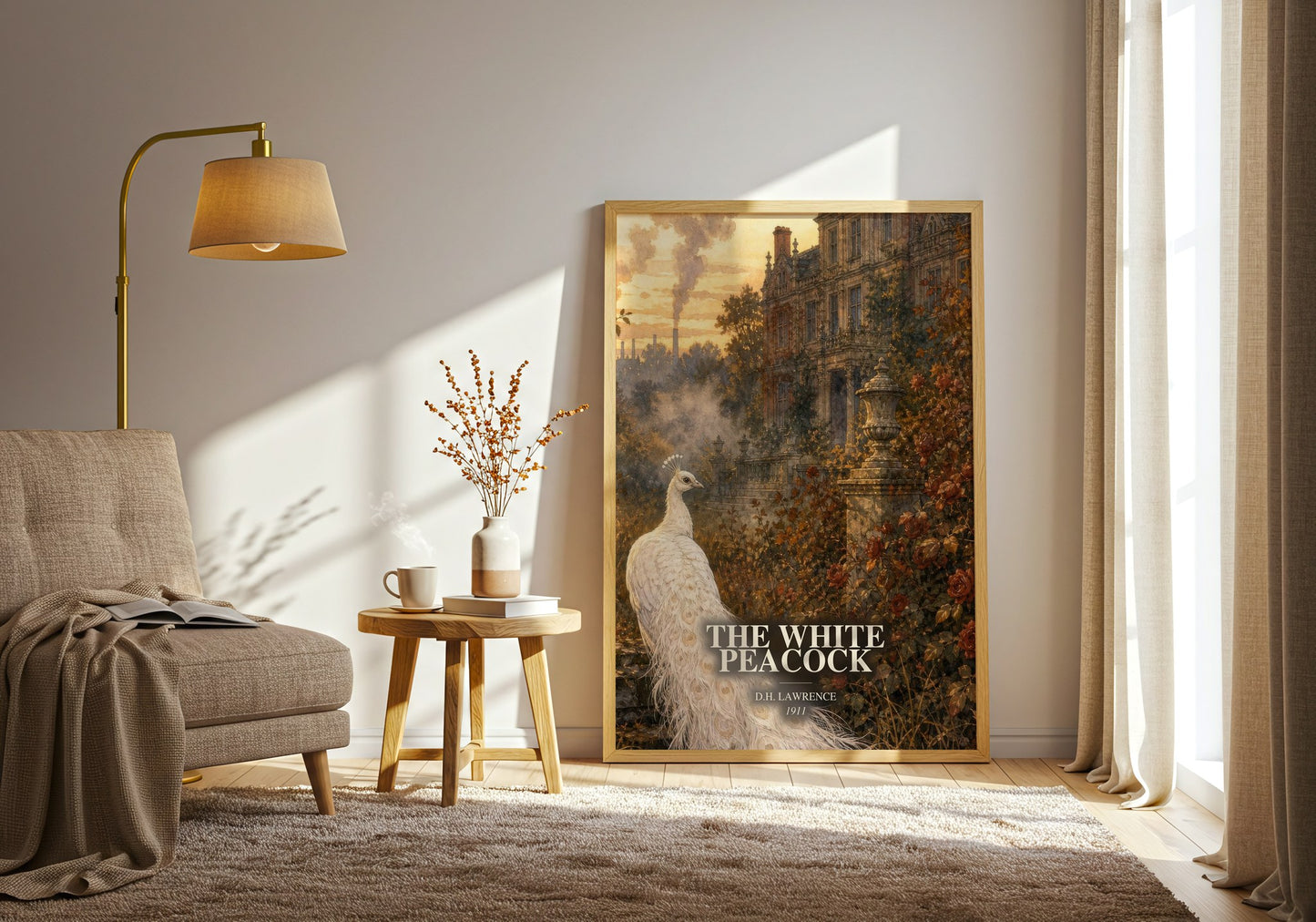 The White Peacock watercolour print in frame leaning in hallway – literary fiction wall art