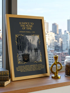 A Dance to the Music of Time Minimalist Book Poster by Anthony Powell – framed print on a city-view windowsill