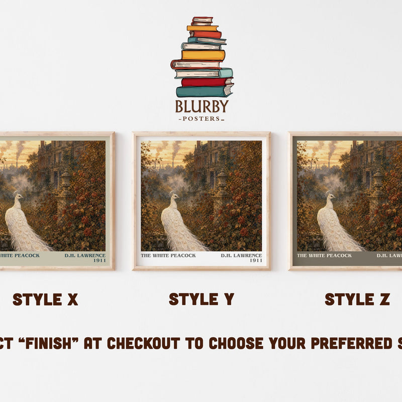 The White Peacock literary print in frame leaning in hallway – literary fiction wall art