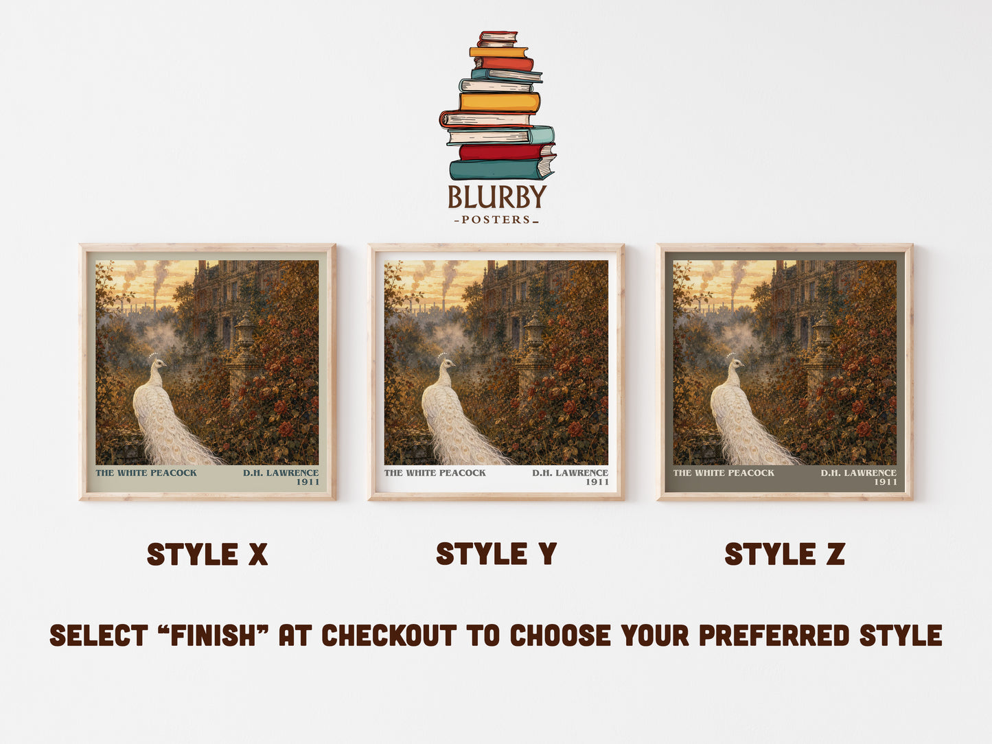 The White Peacock literary print in frame leaning in hallway – literary fiction wall art