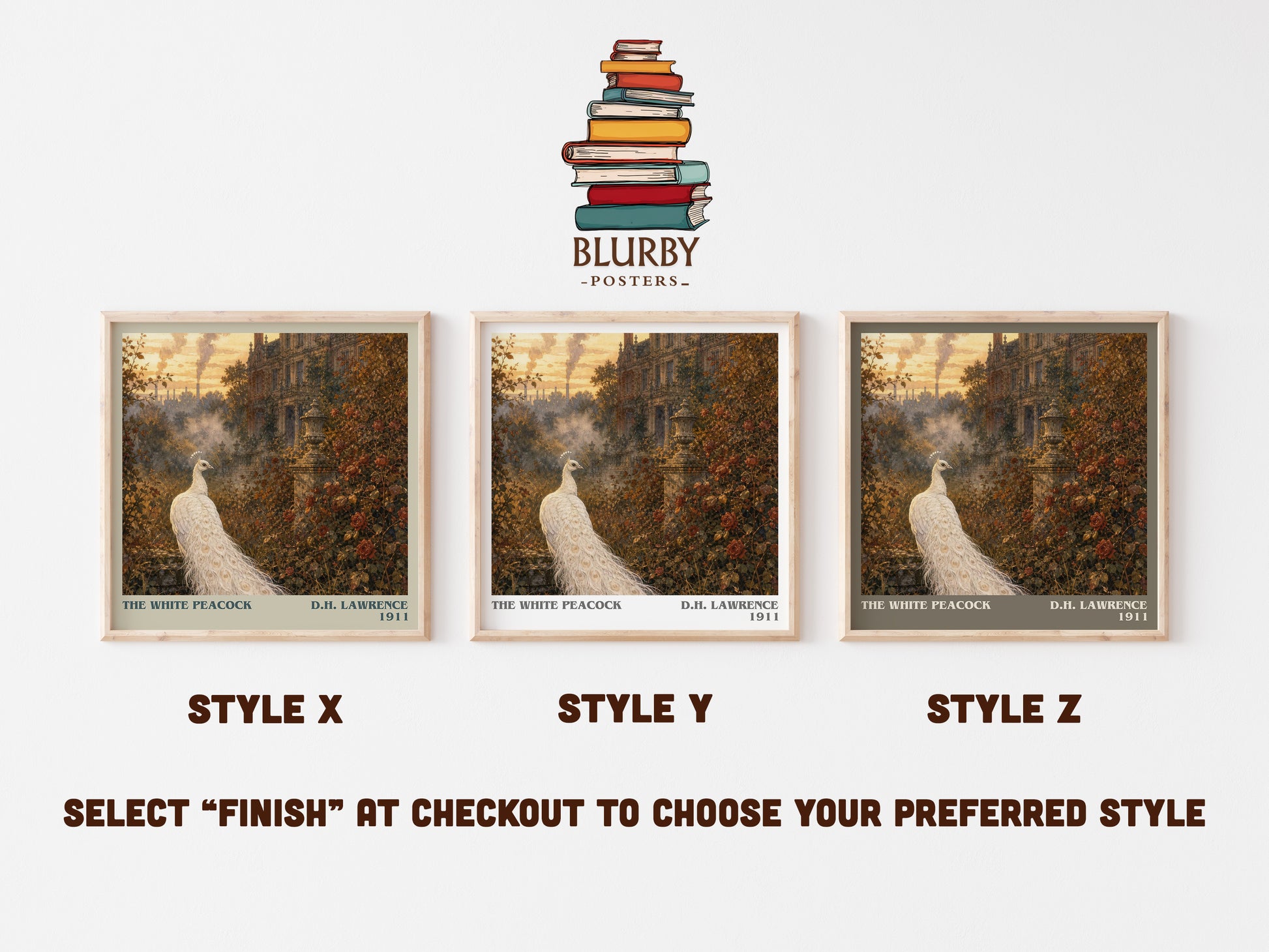 The White Peacock literary print in frame leaning in hallway – literary fiction wall art