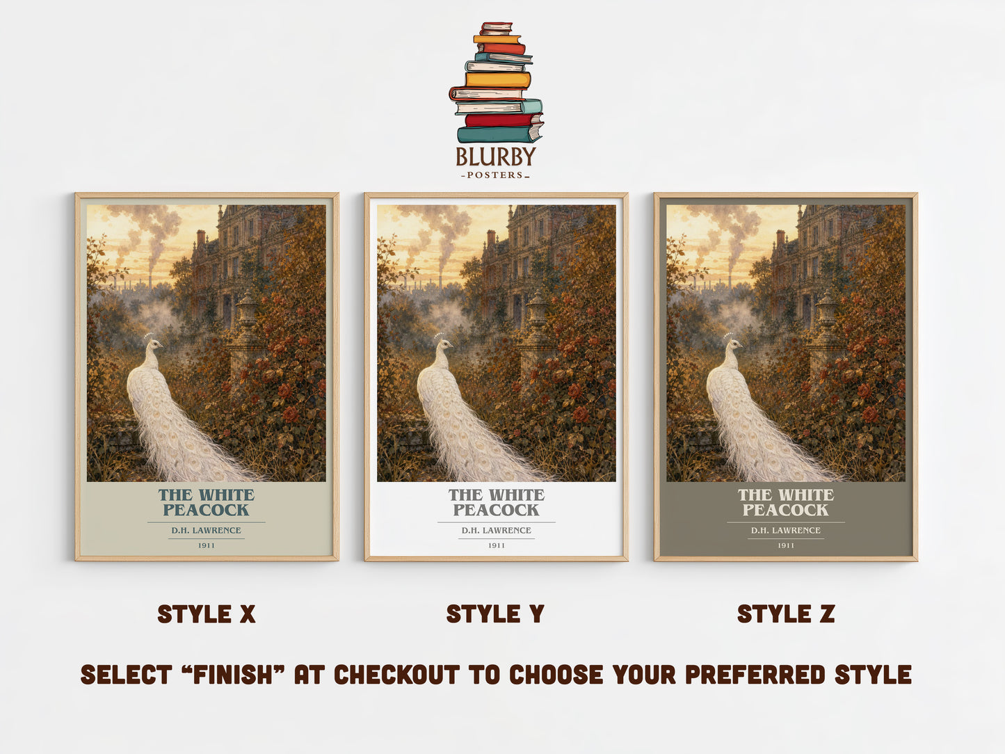 The White Peacock book cover print in frame leaning in hallway – literary fiction wall art