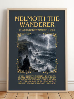 Melmoth the Wanderer Minimalist Book Poster by Charles Robert Maturin – framed print leaning on a wooden floor