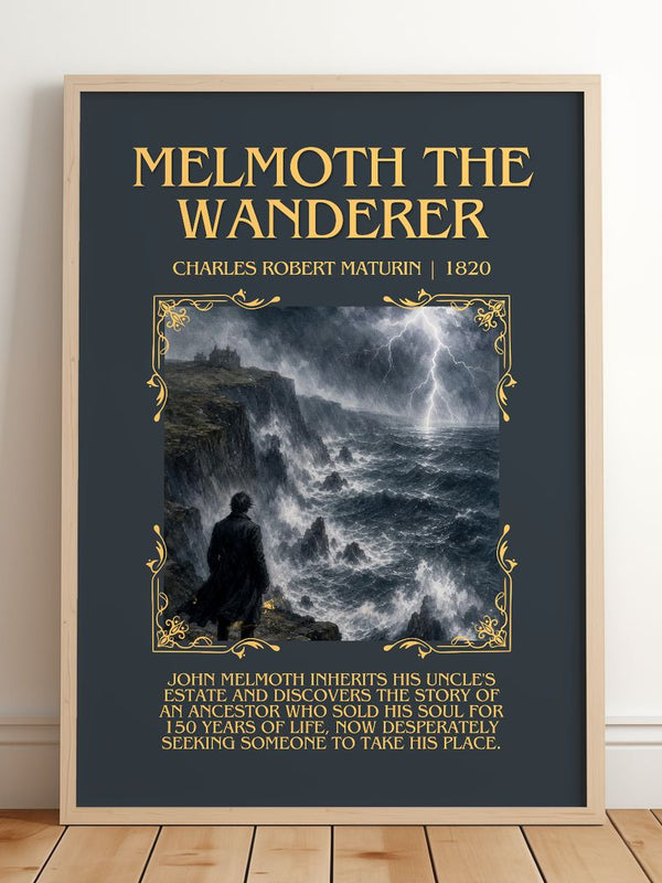 Melmoth the Wanderer Minimalist Book Poster by Charles Robert Maturin – framed print leaning on a wooden floor