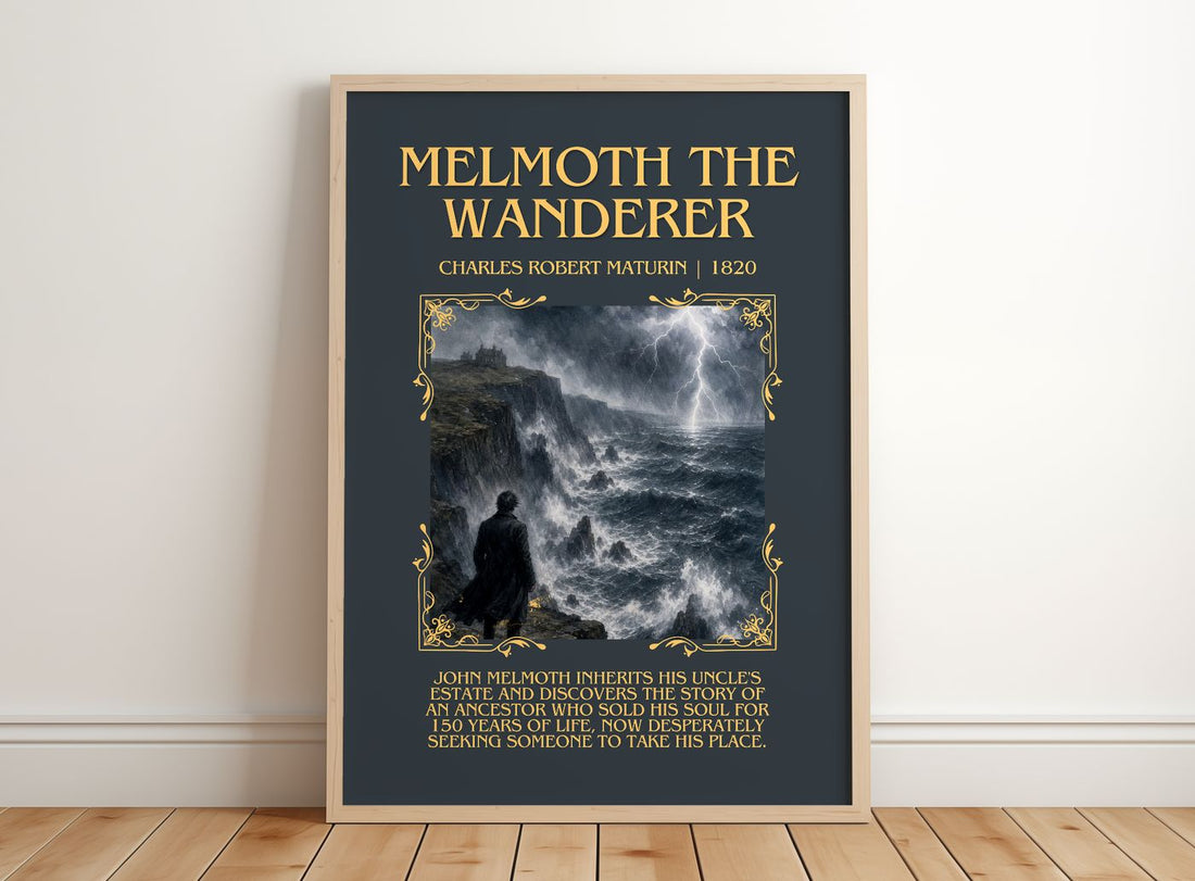 Melmoth the Wanderer Minimalist Book Poster by Charles Robert Maturin – framed print leaning on a wooden floor