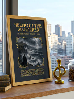 Melmoth the Wanderer Minimalist Book Poster by Charles Robert Maturin – framed print on a city-view windowsill