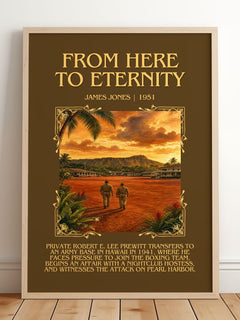 From Here to Eternity Minimalist Book Poster by James Jones – framed print leaning on a wooden floor