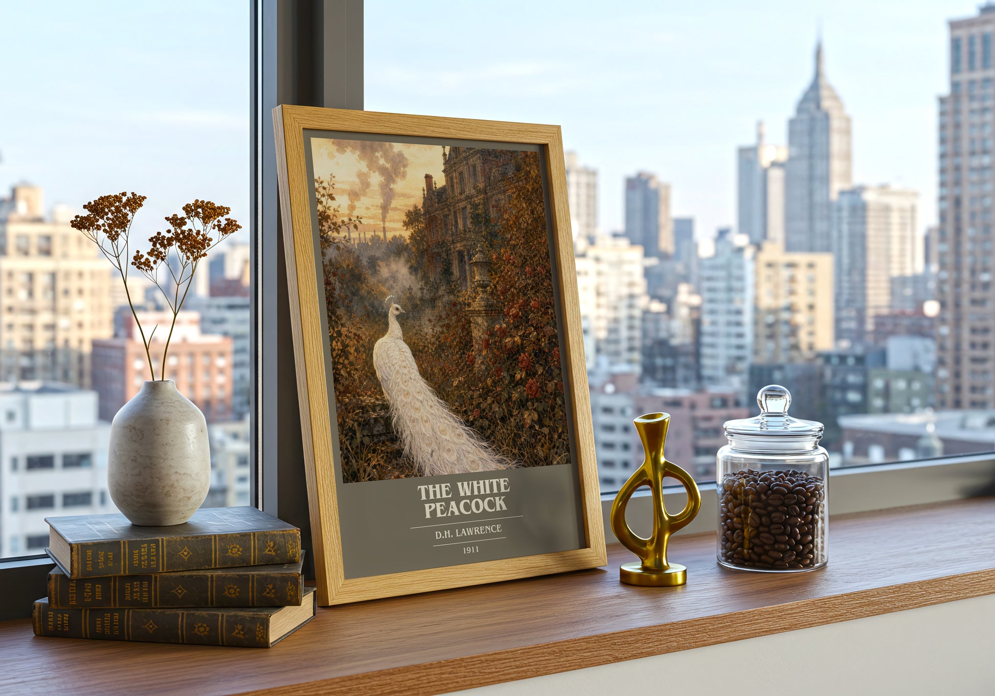 The White Peacock book cover print framed by window – literary home decor