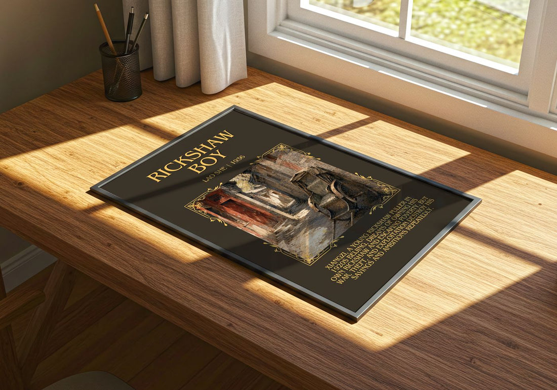 Rickshaw Boy Minimalist Book Poster by Lao She – print on a sunlit desk