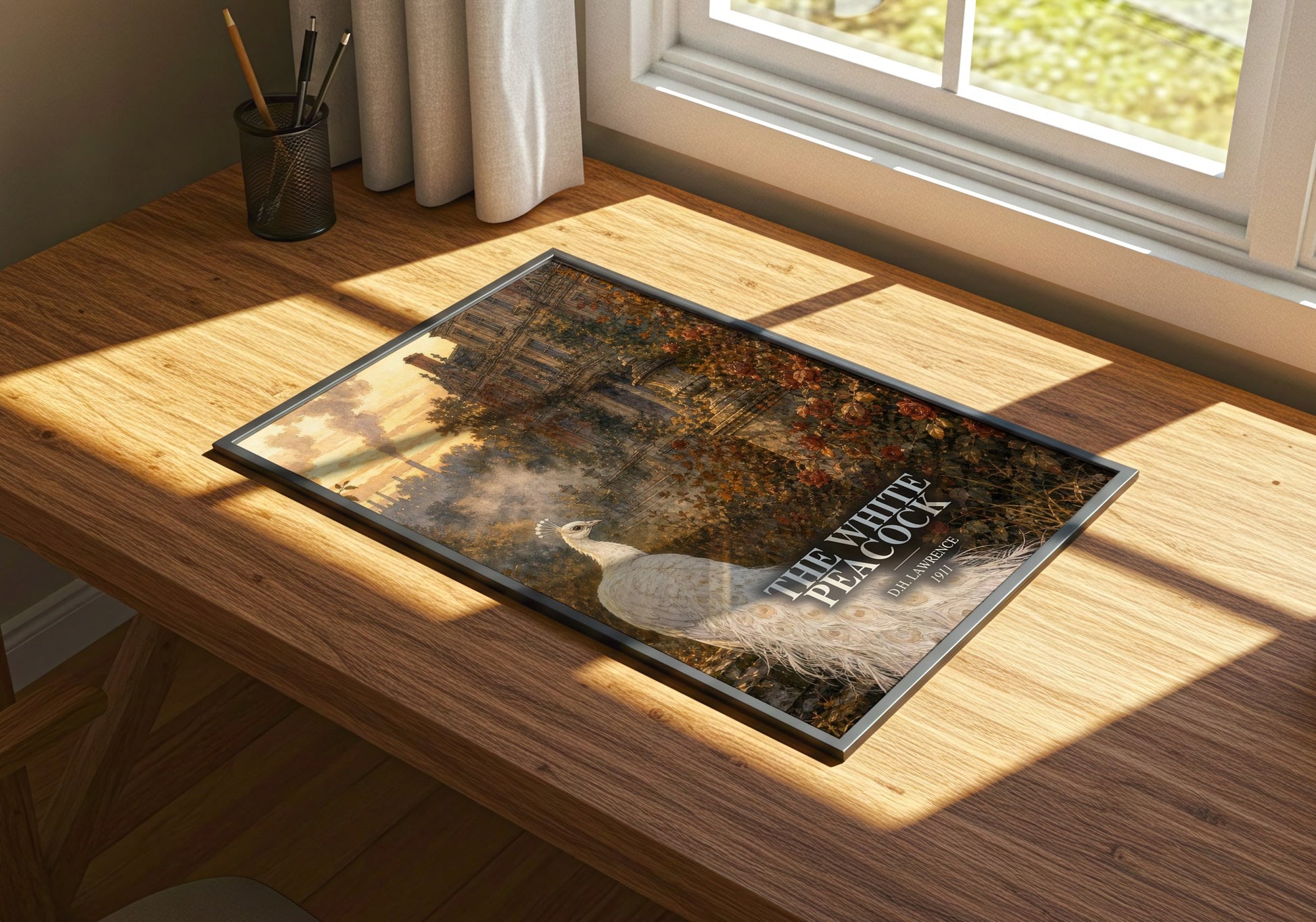 The White Peacock watercolour book poster framed on wall – literary fiction wall art