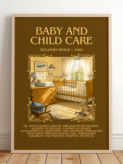 Baby And Child Care Minimalist Book Poster by Benjamin Spock – framed print leaning on a wooden floor