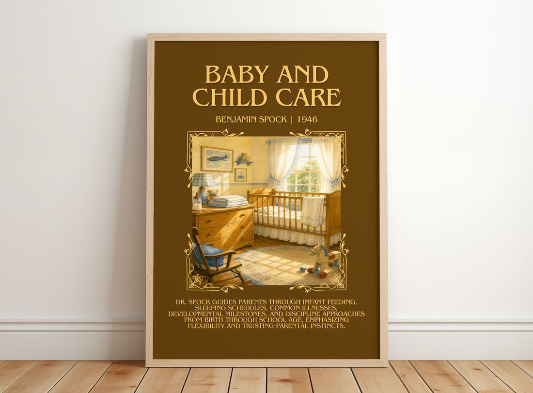 Baby And Child Care Minimalist Book Poster by Benjamin Spock – framed print leaning on a wooden floor