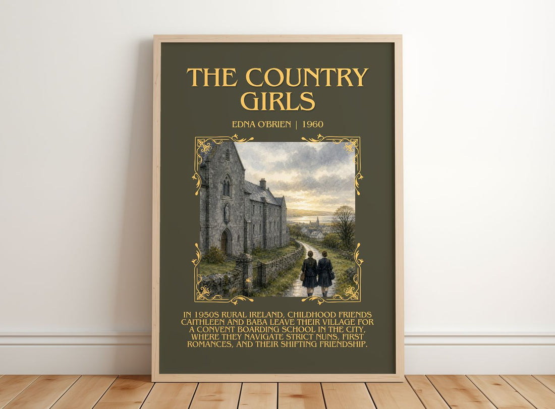 The Country Girls Minimalist Book Poster by Edna O'Brien – framed print leaning on a wooden floor