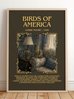 Birds of America Minimalist Book Poster by Lorrie Moore – framed print leaning on a wooden floor