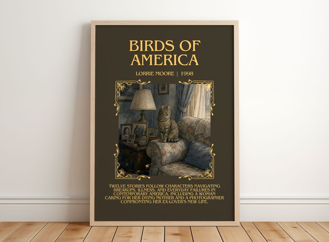 Birds of America Minimalist Book Poster by Lorrie Moore – framed print leaning on a wooden floor