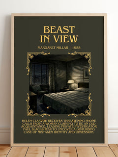 Beast In View Minimalist Book Poster by Margaret Millar – framed print leaning on a wooden floor