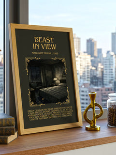 Beast In View Minimalist Book Poster by Margaret Millar – framed print on a city-view windowsill
