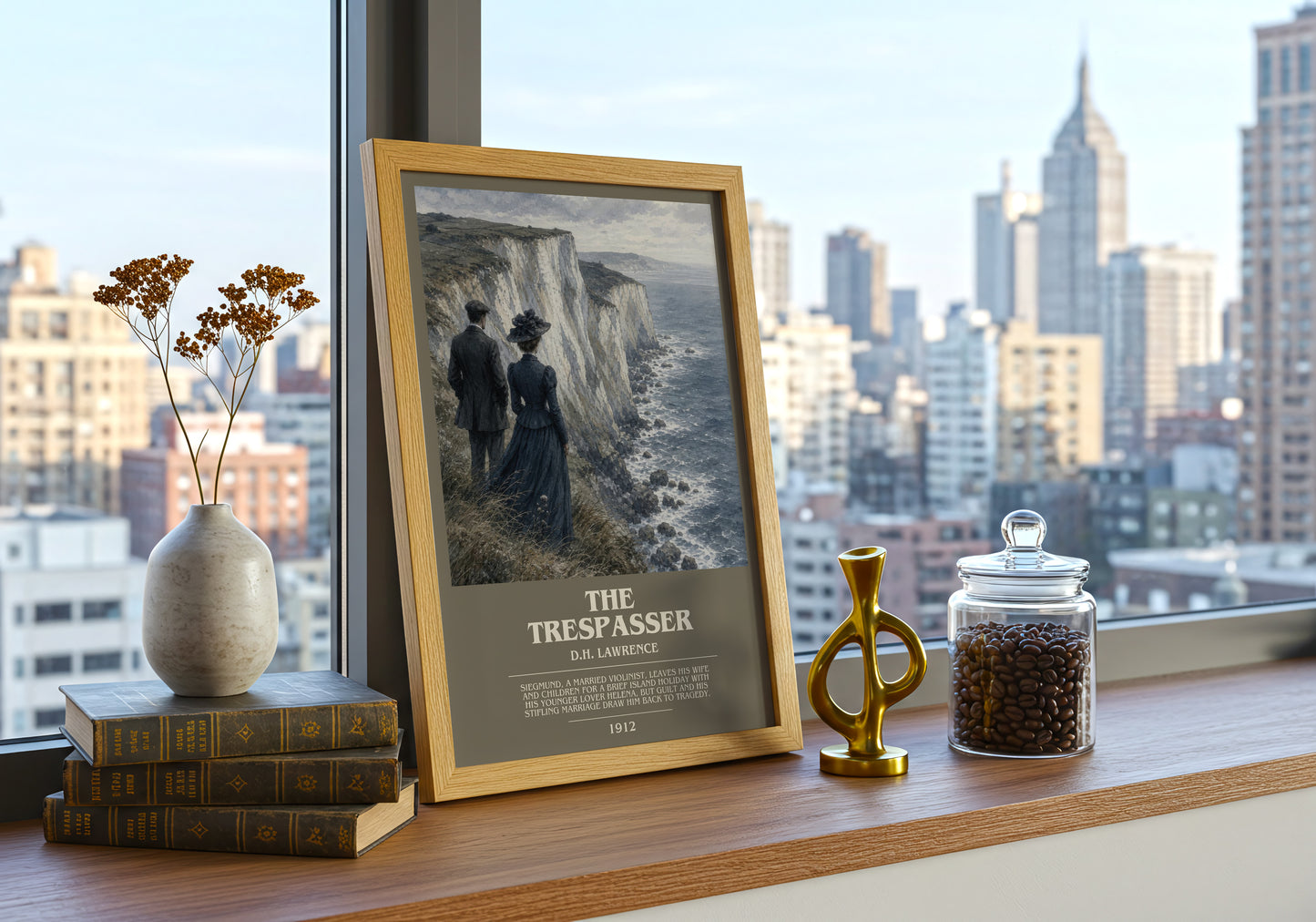 The Trespasser bookish print framed by window – literary home decor