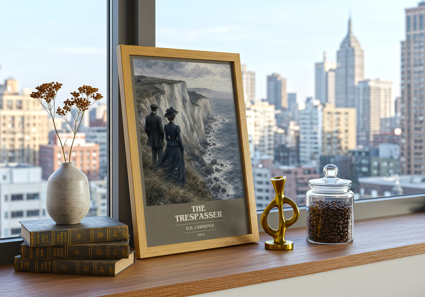 The Trespasser book cover print framed by window – literary home decor