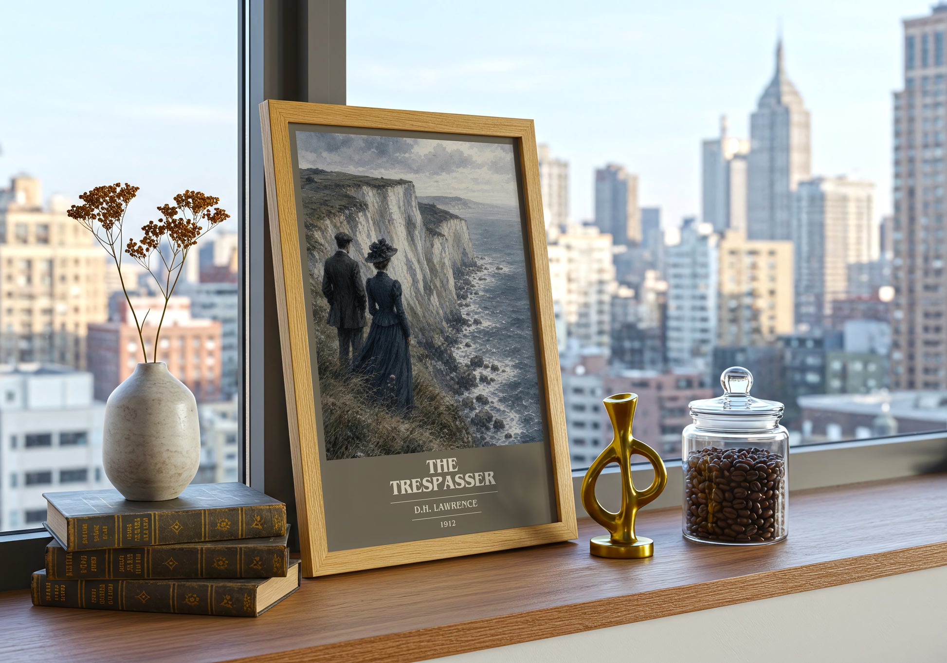The Trespasser book cover print framed by window – literary home decor