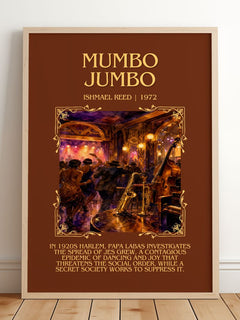 Mumbo Jumbo Minimalist Book Poster by Ishmael Reed – framed print leaning on a wooden floor