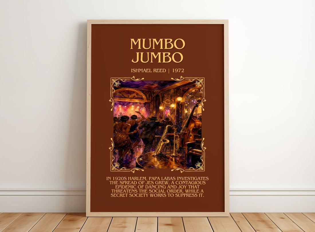 Mumbo Jumbo Minimalist Book Poster by Ishmael Reed – framed print leaning on a wooden floor