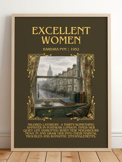 Excellent Women Minimalist Book Poster by Barbara Pym – framed print leaning on a wooden floor