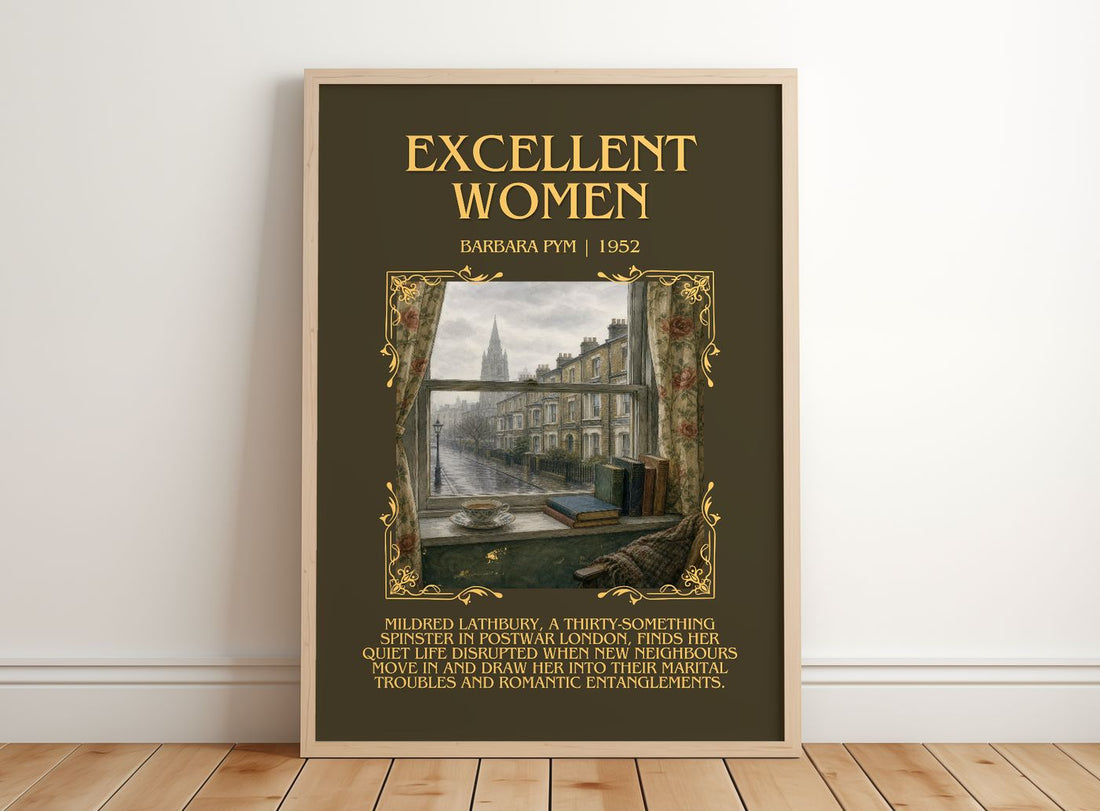 Excellent Women Minimalist Book Poster by Barbara Pym – framed print leaning on a wooden floor
