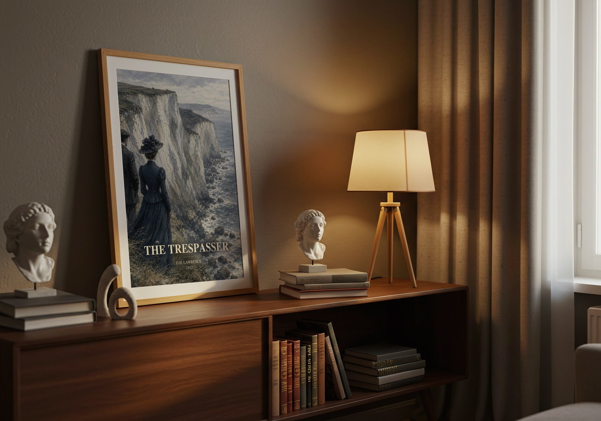The Trespasser watercolour print on bookshelf – D.H. Lawrence fan gift