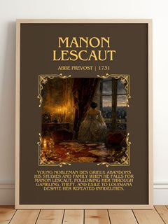 Manon Lescaut Minimalist Book Poster by Abbe Prevost – framed print leaning on a wooden floor