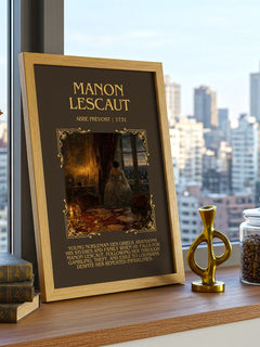 Manon Lescaut Minimalist Book Poster by Abbe Prevost – framed print on a city-view windowsill