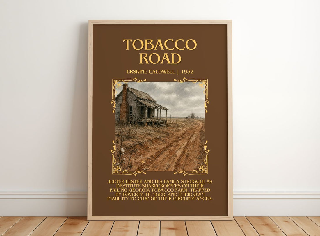 Tobacco Road Minimalist Book Poster by Erskine Caldwell – framed print leaning on a wooden floor