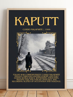 Kaputt Minimalist Book Poster by Curzio Malaparte – framed print leaning on a wooden floor