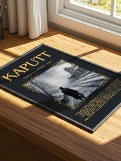 Kaputt Minimalist Book Poster by Curzio Malaparte – print on a sunlit desk