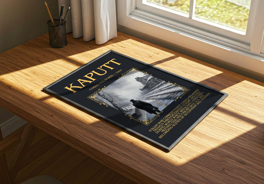 Kaputt Minimalist Book Poster by Curzio Malaparte – print on a sunlit desk