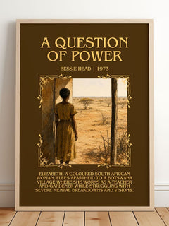 A Question of Power Minimalist Book Poster by Bessie Head – framed print leaning on a wooden floor
