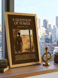 A Question of Power Minimalist Book Poster by Bessie Head – framed print on a city-view windowsill