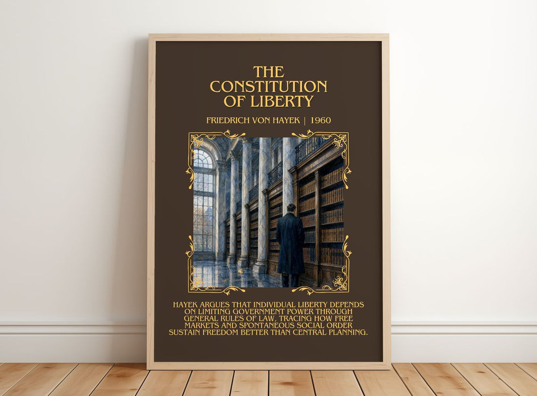 Constitution of Liberty Minimalist Book Poster by Friedrich von Hayek – framed print leaning on a wooden floor