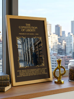 Constitution of Liberty Minimalist Book Poster by Friedrich von Hayek – framed print on a city-view windowsill