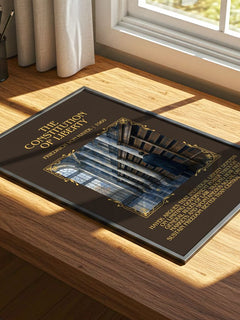 Constitution of Liberty Minimalist Book Poster by Friedrich von Hayek – print on a sunlit desk